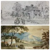 Cottages and mountains beyond by J Worthington, watercolour, offered Aug 2023