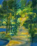 Palm Walk II by Ronald Lowe, oil on canvas, offered Jul 2023