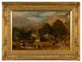 On the Lyn, North Devon' with family group to the fore, label verso inscribed in ink 'No.2 by Bradford Rudge, oil on board, offered Jul 2023