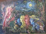 Bird and sun by Helen M Steinthal, oil on canvas, sold Jun 2023