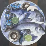 oil on canvas - still life of fish, limes and mushrooms, signed, by Bryn Richards, oil on canvas, sold May 2023