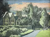 oil on board - Church landscape with figure walking dog, signed, by Bryn Richards, oil on board, offered May 2023
