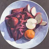 oil on board - still life of apples and orange, signed, 35.5 x by Bryn Richards, oil on board, sold May 2023