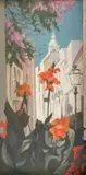 oil on board - Spanish cityscape with red flowers, 55.5 x by Bryn Richards, oil on board, offered May 2023