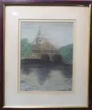An old stone bridge and church tower by Laurence O'Toole, pastel, sold Mar 2022