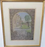 Study of a village green through a arched window by Laurence O'Toole, pastel, offered Feb 2022