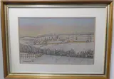 Snowy winter landscape with village by Laurence O'Toole, pastel, offered Feb 2022