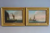 Dutch smacks off a headland, square-riggers drying sails beyond by Joseph Parry, oil on panel, sold Oct 2021