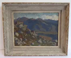 mountainous landscape study, oil on board, signed (printed image by Henry Sené, oil on board, sold Oct 2021