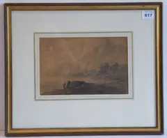 Mountainous lake landscape study with figures by William Gilpin, pencil and watercolour, sold Oct 2021