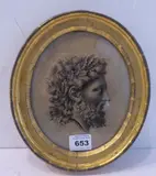 oval head study of Jupiter Dodonaeus wearing a wreath of oak leaves after Gyles Hussey's copy of the original Bartolozzi engraving by Ellen Jones, 1837, engraving, sold Oct 2021