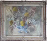 An impasto-style still life study of bulrushes and other flowers within by Kate Nicoll, oil, sold Aug 2021