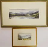 An extensive mountainous lake landscape by Aled Pritchard-Jones, Mixed media, sold Jun 2021