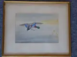 a gilt framed and glazed watercolour study of a mallard in flight and by Philip Rickman, watercolour, sold Jun 2021