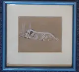 a framed and glazed pastel and pencil study of a recumbent terrier, titled lower middle in pencil 'Turkey!! by Lucy Dawson, pastel and pencil, sold Jun 2021