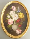 an oval gilt framed oil on artists board still life study of flowers in a baluster-shaped vase by R. Rosini, oil, sold Apr 2021