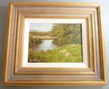 Riverside Pastures' (Cotswold sheep, water meadows, Burford) by David Morgan, oil and artists, sold Apr 2021