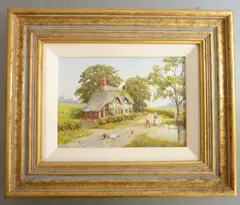 s board study, 'A Chat in the Lane'; signed lower left, sold with 2009 S by Richard Simm, oil, sold Apr 2021