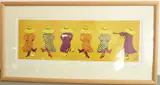 Line Dancing'; signed lower right, framed and glazed (image size 18.5cm x 55.5cm) by Irene George, print, offered Apr 2021