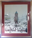 Town Centre'; silver-metal frame and glazed, John Charles Galleries label verso (image size conforming to the original oil on canvas, 61cm x 50cm) by L. S. Lowry, print, offered Mar 2021
