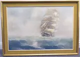 1911-1984; a large gilt-framed oil on artist's board marine study of clipper in choppy waters by Lionel Rouse, oil, sold Jan 2021