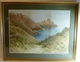a gilt-framed and glazed (later) sea-view coastal inlet watercolour study with mountainous terrain (some fading) by Ethel Sophia Cheeswright, watercolour, offered Dec 2020