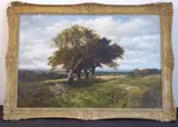 a gilt-framed late 19th century oil on canvas pastoral style study (cleaned), two figures coppicing before trees and flat ground etc., monogramed and dated EMW by Edmund Morison Wimperis, oil on canvas, sold Oct 2020