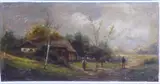 Austrian; an unframed oil on panel study, country scene with figures walking upon a path and before wooden huts/chalets etc by Adolf Kaufmann, oil on panel, sold Oct 2020