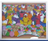 a box-framed and glazed oil on canvas onto board, 'Busy Haitian Market Scene by J N Bresil, oil on canvas, offered Oct 2020