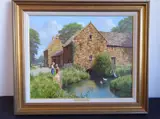 a gilt-framed oil on canvas study of two young boys fishing before a stream with ducks with a large stone farmhouse-style building to the background by Edward Hersey, oil on canvas, sold Oct 2020