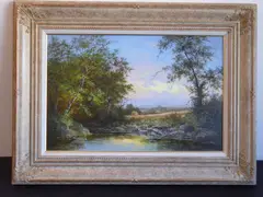 a gilt-framed oil on artist's board study of a stream within country surroundings with hayfields and building to the background by Noel Ripley, oil, offered Oct 2020