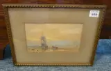 a late 19th century gilt-framed and glazed watercolour study of boats and figures on a beach with buildings and mountains in the background by George Weatherill, 1877, watercolour, offered Oct 2020
