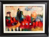 A colourful abstract composition by John and Elli Milan, mixed media on board, sold Jul 2020