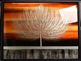 SUNSET GOLD IV' a stylised tree against an orange sky by Nakisa Seika, oil on board, offered Jul 2020