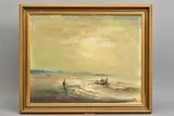 A coastal landscape with boat and figures by Jack Cox, oil on board, offered Jul 2020