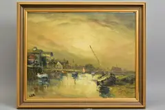 A harbour with boats at low tide by Jack Cox, oil on board, sold Jul 2020