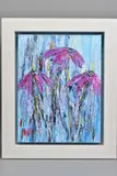 THREE PURPLE ECINACEA I' wild flowers against a blue backdrop by Carl Scanes, oil on canvas, sold Jul 2020