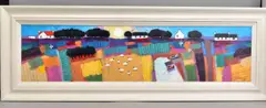 SUMMER SUN' a colourful landscape with sheep and cottages by David Body, oil on board, sold Jul 2020