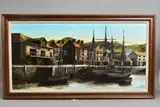 a historical view of a Cornish harbour with sail boats at their moorings by Kevin Platt, oil on board, sold Jul 2020