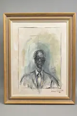 an oil on canvas painting in the style of Alberto Giacometti, depicting an elderly gentleman in suit and tie by John Anderson, oil on canvas, offered Jul 2020