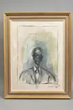 an oil on canvas painting in the style of Alberto Giacometti, depicting an elderly gentleman in suit and tie by John Anderson, oil on canvas, offered Jul 2020