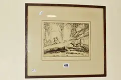 THE TREE FELLERS' forestry workers beside a tree by Harry Becker, etching on paper, sold Jul 2020