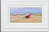 'Oceanfront Morning III', boats on the sand at low tide, signed by Helios Gisbert, oil on board, sold Jun 2020