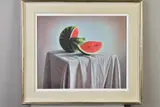 'Still Life II', a sliced watermelon on a table, signed and dated ( by Juan Higueras, oil on canvas, sold Jun 2020