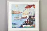 'Harbourside, Ship Lane', boats and buildings at a harbour, by Sally Ann Fitter, oil on board, offered Jun 2020