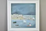 'Moonshine Time', a coastal harbour scene by moonlight, by Lucy Young, oil on canvas, sold Jun 2020