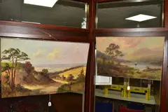 a mountainous landscape with cattle beside a body of water, signed by Sidney Watts, oil on canvas, sold Jun 2020