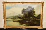 Punt by a Bridge, cattle and cottage to distance in a mountainous landscape by William Langley, oil on canvas, sold Jun 2020