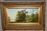 a landscape painted in a late 18th/early 19th Century style figures walking on a path beside a lake by J. Richardson, oil on board, sold Jun 2020