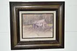 A ramshackle wooden hut before tall undergrowth by D M Ramsey, acrylic on canvas, offered Jun 2020